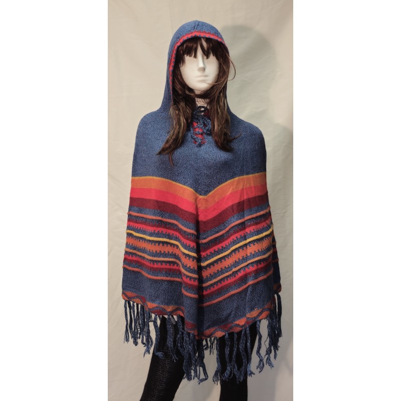 Poncho Delphina Capuche Bleu Vif en alpaga