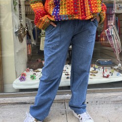 Pantalon Smoc en Coton Bleu Jean du Pérou